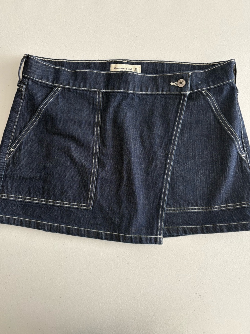 Abercrombie & Fitch Dark Indigo Denim Wrap Mini Skirt with Contrast Stitching